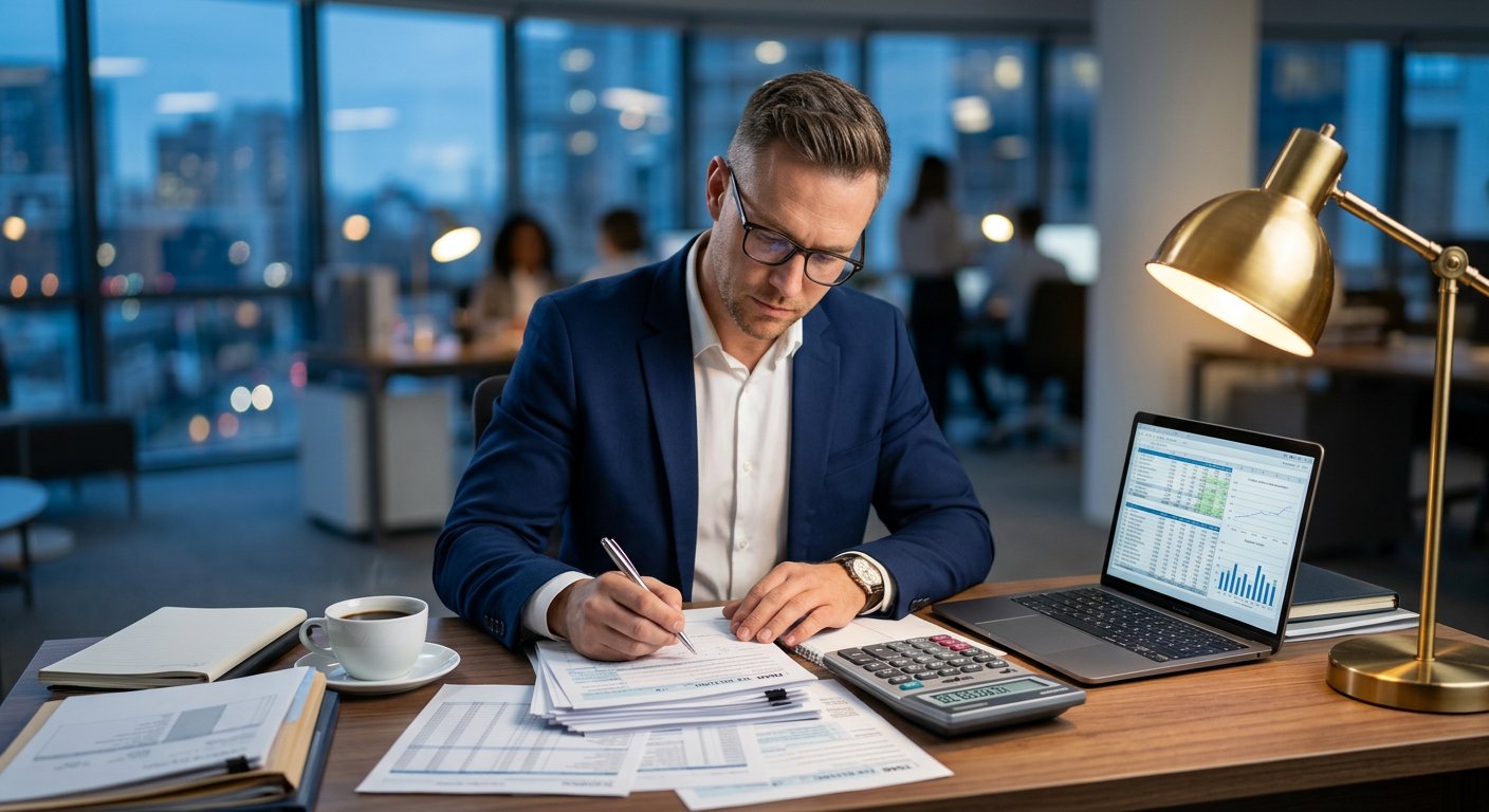 Accountant preparing tax documents with a calculator